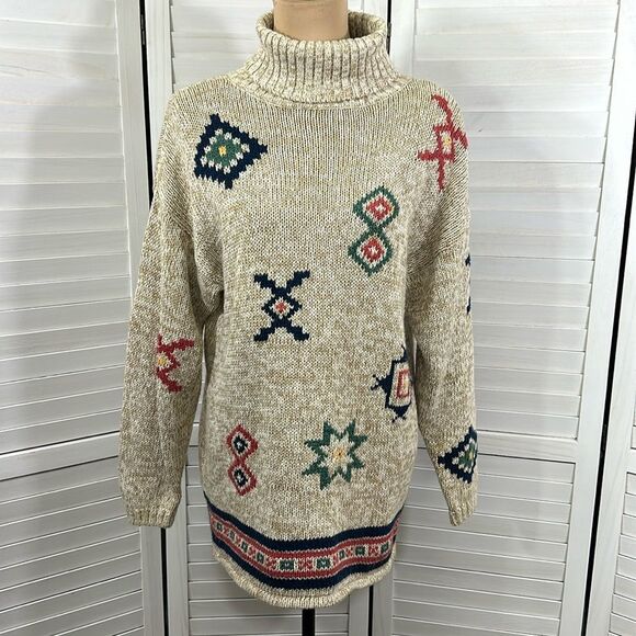 Sweater Tunic Oversized Small Oatmeal Mock Neck Long Sleeve - Picture 2 of 11